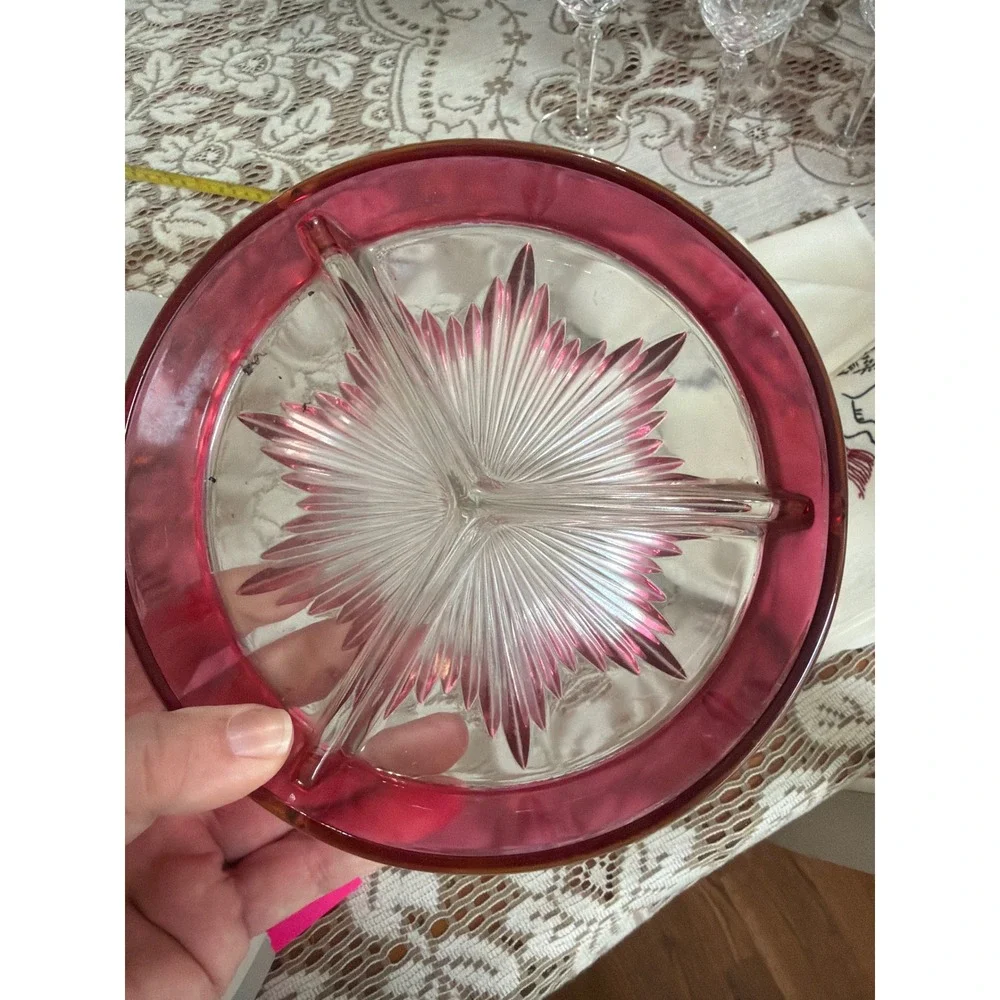 Vintage Cranberry Glass Divided Relish Dish Starburst Clear Base Round 6.5 Inch